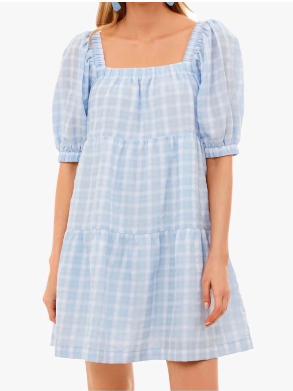 Hyacinth‎ House Light Blue Gingham Puff-Sleeve Mini Dress Sz-M. BB17